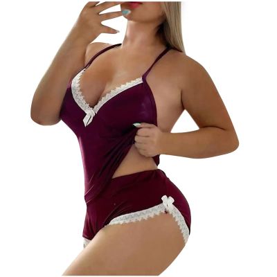 RTRDE Pajama Set, Pink Lingerie Set Pijamas De Mujer Sexy Intimates for Women Lingerie Sheer Women's Fashion Lace Set Suit Solid Color Wireless Bra Underwear Panties Stockings (XL, Wine)