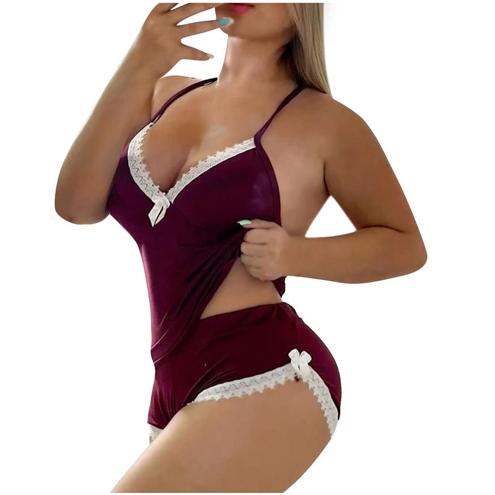 RTRDE Pajama Set, Pink Lingerie Set Pijamas De Mujer Sexy Intimates for Women Lingerie Sheer Women's Fashion Lace Set Suit Solid Color Wireless Bra Underwear Panties Stockings (XL, Wine)