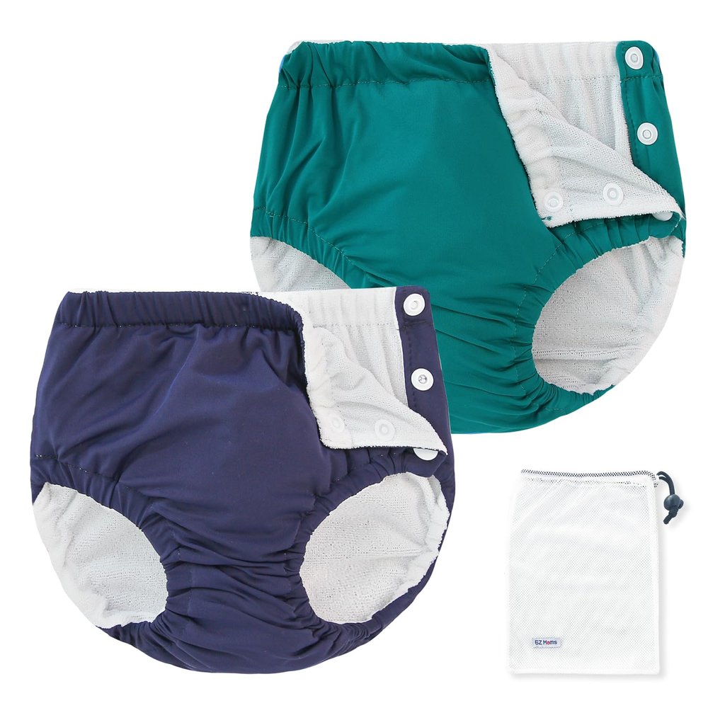 EZ Moms 2 Packs Reusable Swim Diapers Toddler Baby Swim Diaper Size 3 Washable Snap Pool Swimming Diaper 3T Soft and Silky Waterproof Diapers for Swimming Lessons Boys and Girls with a Laundry Bag