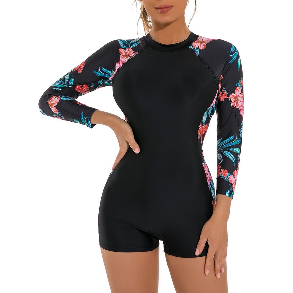 Rash Guard for Women, Long Sleeve Swimsuits for Women, Floral Swim Shirt Boyleg Bottoms Swimwear Bathing Suit Zipper Surfing Wetsuit Snorkeling Suit UV Protection Swimming Costume Black&Flower S