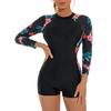 Rash Guard for Women, Long Sleeve Swimsuits for Women, Floral Swim Shirt Boyleg Bottoms Swimwear Bathing Suit Zipper Surfing Wetsuit Snorkeling Suit UV Protection Swimming Costume Black&Flower S view 1