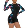 Long Sleeve Rash Guard for Women, One Piece Swimsuits Floral Swim Shirt Boyleg Bottoms Swimwear Bathing Suit Zipper Surfing Wetsuit Snorkeling Suit UV Protection Swimming Costume Blac&red Flower M view 2