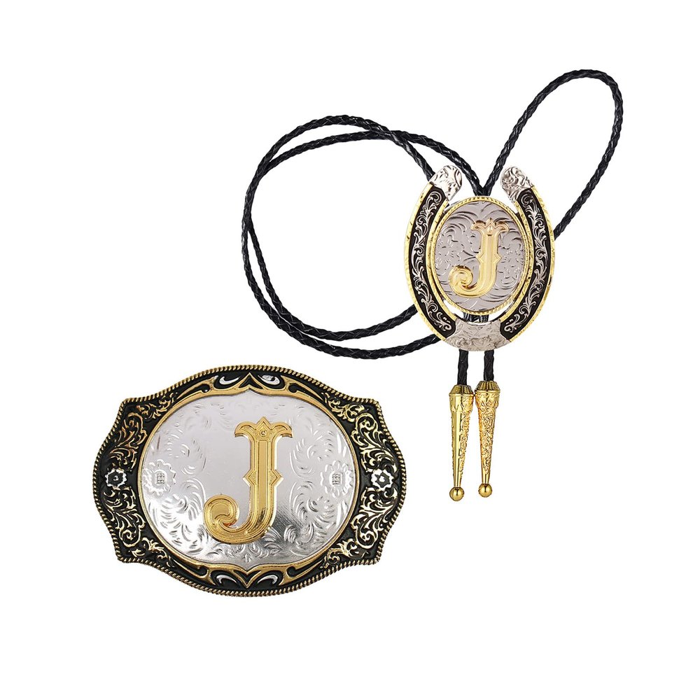 HUABOLA CALYN 2 Pieces Belt Buckle Bolo tie Set Golden Initial Letter ABCDMJR to Y Western Cowboy Costume Accessory for Men Women (J)
