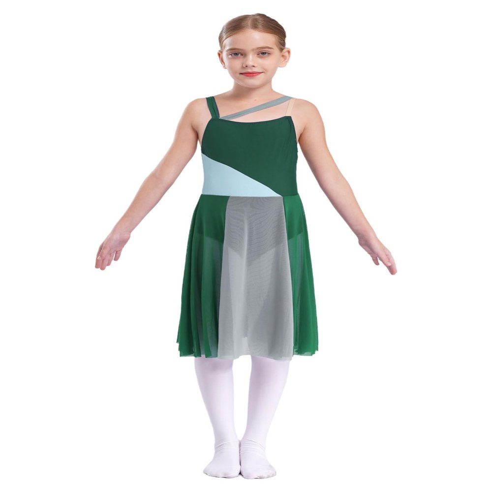 Shinsto Kids Girls Lyrical Dance Dress Sleeveless Color Block Chiffon Leotard Dresses Modern Contemporary Costumes Green 12 Years