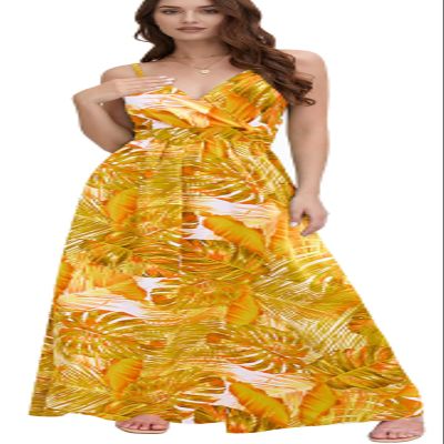 Chaos World Hawaiian Dresses for Women Boho Maxi Dress V-Neck Floral Summer Dress Beach Spaghetti Strap(Small,Yellow)