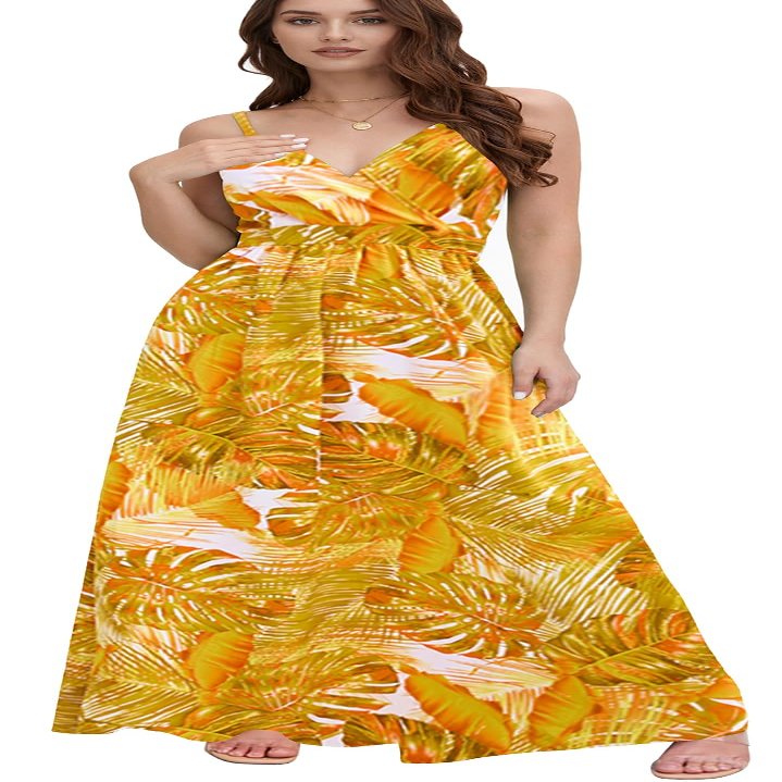 Chaos World Hawaiian Dresses for Women Boho Maxi Dress V-Neck Floral Summer Dress Beach Spaghetti Strap(Small,Yellow)