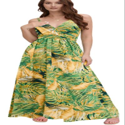 Chaos World Hawaiian Dresses for Women Boho Maxi Dress V-Neck Floral Summer Dress Beach Spaghetti Strap(XX-Large,Green Yellow)