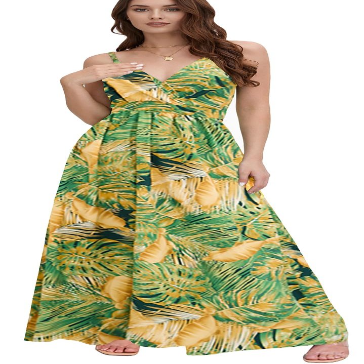 Chaos World Hawaiian Dresses for Women Boho Maxi Dress V-Neck Floral Summer Dress Beach Spaghetti Strap(XX-Large,Green Yellow)
