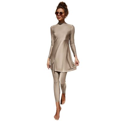 Solid Color Muslim Swimsuits for Women Islamic Modest Swimwear Long Sleeve Swim Dress Top + Pants 2pcs Apricot 01 L