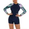 Long Sleeve Bathing Suit for Women, Rashguard for Women, One Piece Swimsuits Floral Swim Shirt Boyleg Bottoms Swimwear Zipper Surfing Wetsuit Snorkeling Suit Swimming Costume Blue&Green L view 1