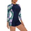 Long Sleeve Bathing Suit for Women, Rashguard for Women, One Piece Swimsuits Floral Swim Shirt Boyleg Bottoms Swimwear Zipper Surfing Wetsuit Snorkeling Suit Swimming Costume Blue&Green L view 2