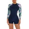 Long Sleeve Bathing Suit for Women, Rashguard for Women, One Piece Swimsuits Floral Swim Shirt Boyleg Bottoms Swimwear Zipper Surfing Wetsuit Snorkeling Suit Swimming Costume Blue&Green L view 3