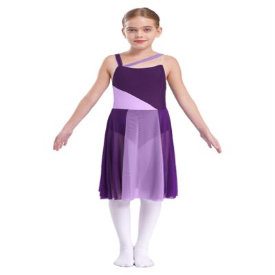 Shinsto Kids Girls Lyrical Dance Dress Sleeveless Color Block Chiffon Leotard Dresses Modern Contemporary Costumes Purple 12 Years