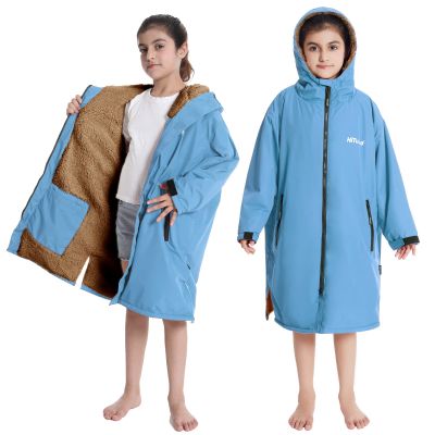 Hiturbo Warm Kids Swim Parka: Waterproof Changing Robe - Oversize Swimming Coat - Hooded Surf Poncho - Sherpa Fleece Lining (Blue)