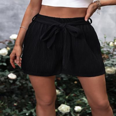 ABZEKH Shorts for Women Shorts Women's Shorts Solid Belted Wide Leg Shorts Shorts (Color : Black, Size : X-Large)