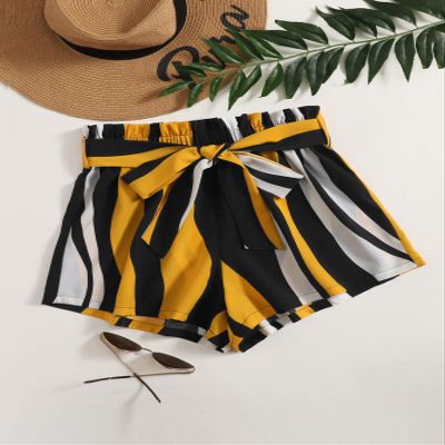 ABZEKH Shorts for Women Shorts Women's Shorts Paperbag Waist Belted Colorblock Shorts Shorts (Color : Multicolor, Size : Large)