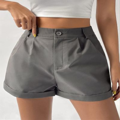 ABZEKH Shorts for Women Shorts Women's Shorts Fold Pleated Roll Hem Wide Leg Shorts Shorts (Color : Gray, Size : X-Small)