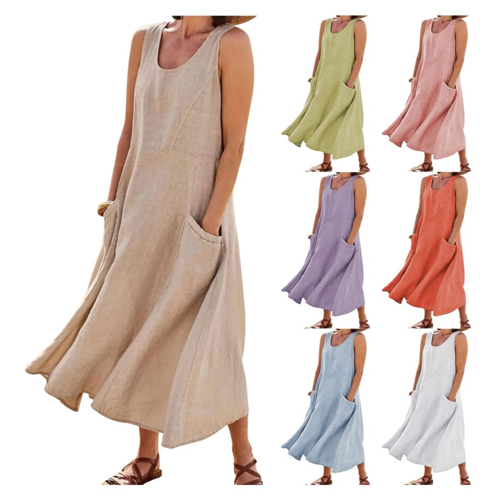 2026 Summer Dresses Women Casual Linen Plus Size Sleeveless Tank Dress Flowy Maxi Long Beach Sundress with Pockets Khaki