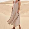 2026 Summer Dresses Women Casual Linen Plus Size Sleeveless Tank Dress Flowy Maxi Long Beach Sundress with Pockets Khaki view 2