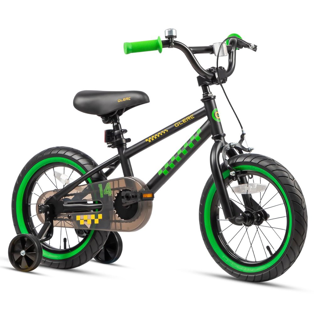 Glerc NuNu Kids Bike, 16 Inch Boys Bike for 4-7 Years Old Children, BMX Style Kids Bicycle with Training Wheels & Coaster Brake, Black and Green