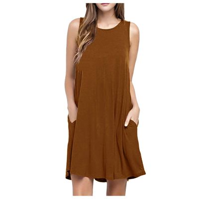 XUNRYAN Dresses Women Summer Dress 2023 Casual Swing T Shirt Dresses Beach Cover Up Loose Flowy Tank Dress with Pockets Coffee