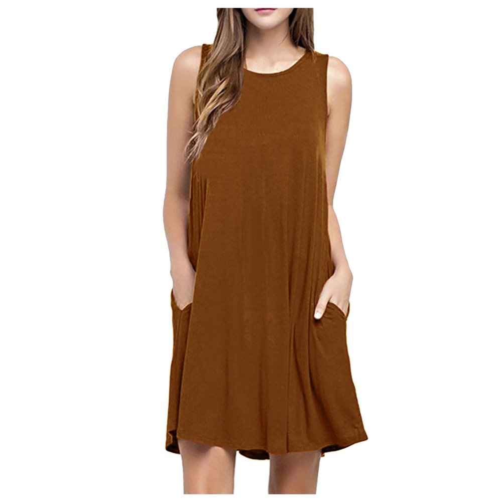 XUNRYAN Dresses Women Summer Dress 2023 Casual Swing T Shirt Dresses Beach Cover Up Loose Flowy Tank Dress with Pockets Coffee