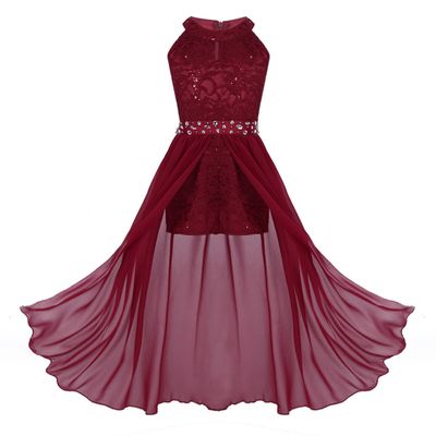 Shinsto Kids Girls Sleeveless Floral Lace Rhinestone Pleated Maxi Romper Dress Wedding Party Prom Gowns Burgundy 8 Years