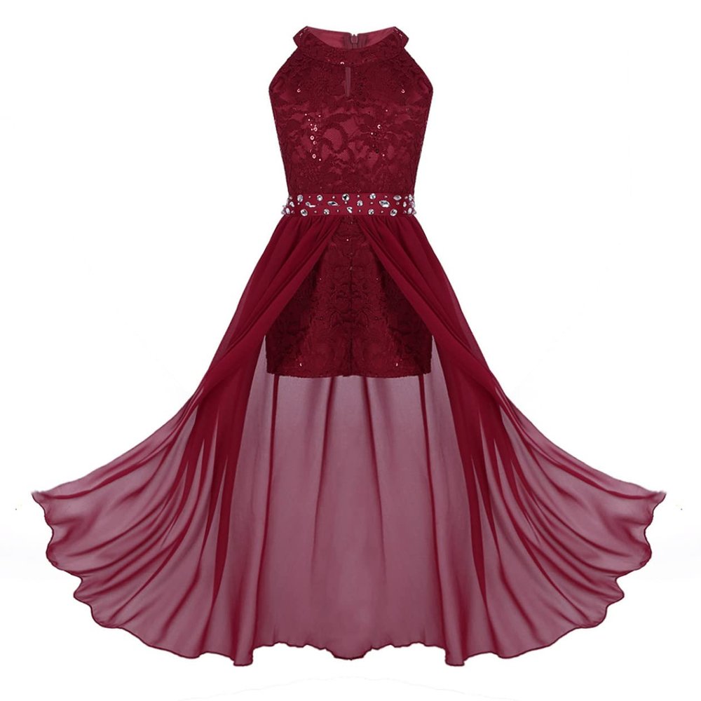 Shinsto Kids Girls Sleeveless Floral Lace Rhinestone Pleated Maxi Romper Dress Wedding Party Prom Gowns Burgundy 8 Years
