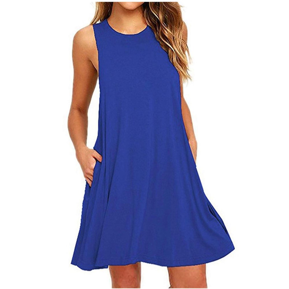XUNRYAN Dresses Women Summer Dress 2025 Casual Swing T Shirt Dresses Beach Cover Up Loose Flowy Tank Dress with Pockets Blue