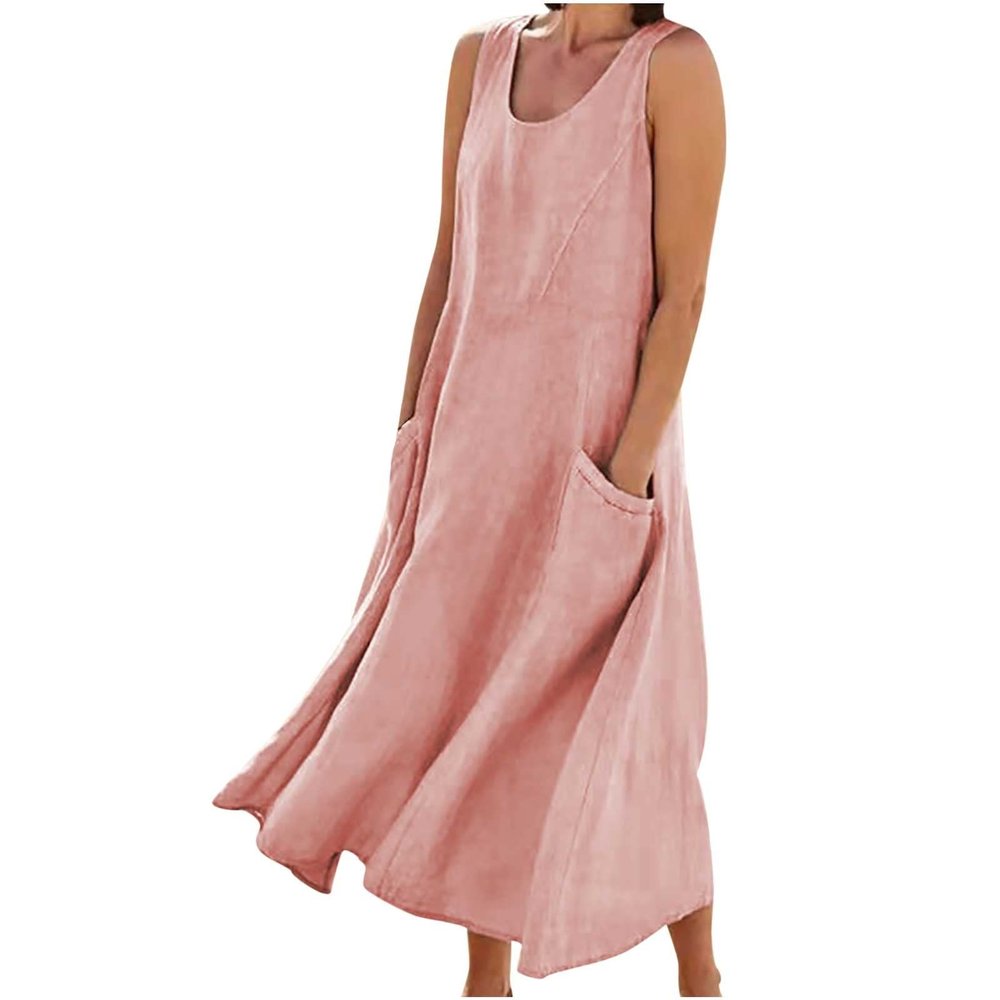 2026 Summer Dresses Women Casual Linen Plus Size Sleeveless Tank Dress Flowy Maxi Long Beach Sundress with Pockets Pink