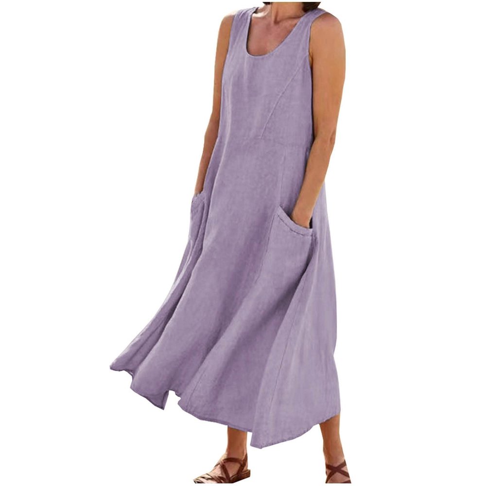 2026 Summer Dresses Women Casual Linen Plus Size Sleeveless Tank Dress Flowy Maxi Long Beach Sundress with Pockets Purple