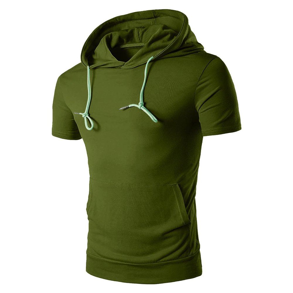 WABEOR Short Sleeve Hoodie for Men Workout Muscle Slim Fit Athletic Hooded T-Shirts Casual Pocket Summer Cotton Tee Shirts Army Green
