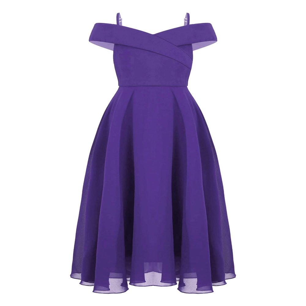 Hularka Kids Off Shoulder Flower Girl Wedding Bridesmaid Dress Chiffon Birthday Party Dress Formal Dance Ball Gown Purple 8 Years