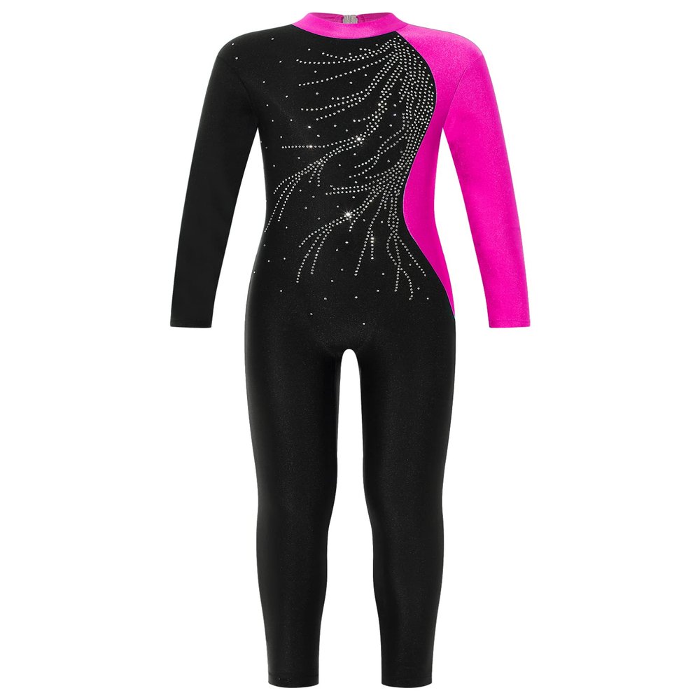 JEATHA Kids Girls Dance Unitard Rhinestones Skating Jumpsuit Long Sleeve Color Block Gymnastics Bodysuit Hot Pink 16 Years