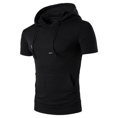 WABEOR Short Sleeve Hoodie for Men Workout Muscle Slim Fit Athletic Hooded T-Shirts Casual Pocket Summer Cotton Tee Shirts Black