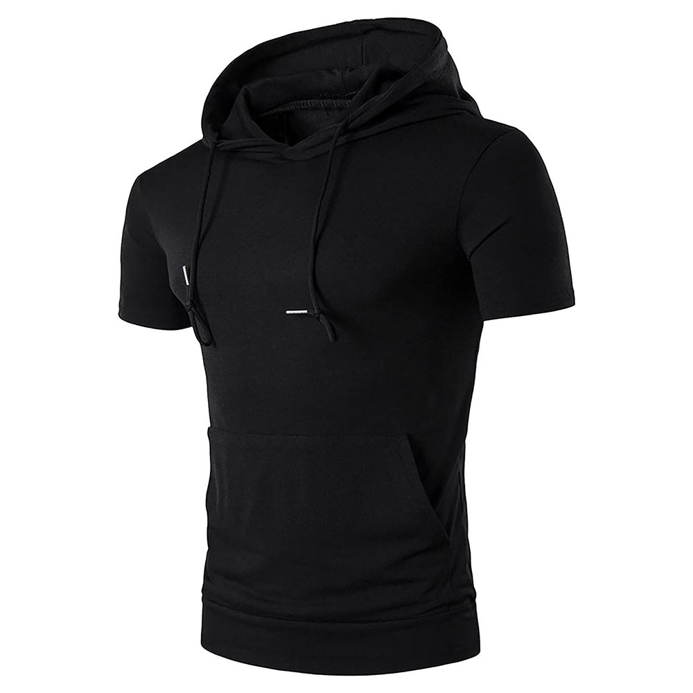 WABEOR Short Sleeve Hoodie for Men Workout Muscle Slim Fit Athletic Hooded T-Shirts Casual Pocket Summer Cotton Tee Shirts Black