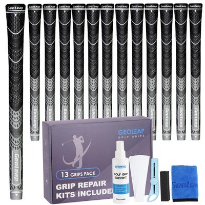 Geoleap Golf Grips Set of 13- Grips with Tapes and Grips with All Repair Kits for Choice,Hybrid Golf Club Grips All Weather Contral, High Feedback & Traction Golf Grips for Men and Women. (Grey(Grips with All Repair Kits), Midsize)