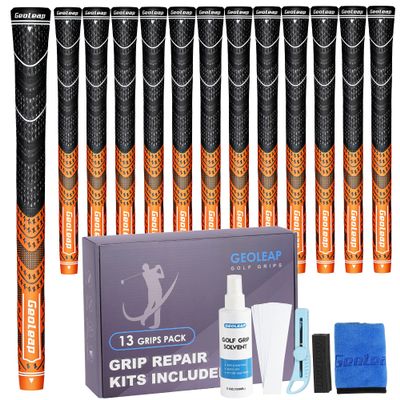 Geoleap Golf Grips Set of 13- Grips with Tapes and Grips with All Repair Kits for Choice,Hybrid Golf Club Grips All Weather Contral, High Feedback & Traction Golf Grips for Men and Women.(Orange(Grips with All Repair Kits), Midsize)