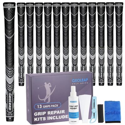 Geoleap Golf Grips Set of 13- Grips with Tapes and Grips with All Repair Kits for Choice,Hybrid Golf Club Grips All Weather Contral, High Feedback & Traction Golf Grips for Men and Women. (Black(Grips with All Repair Kits), Standard)