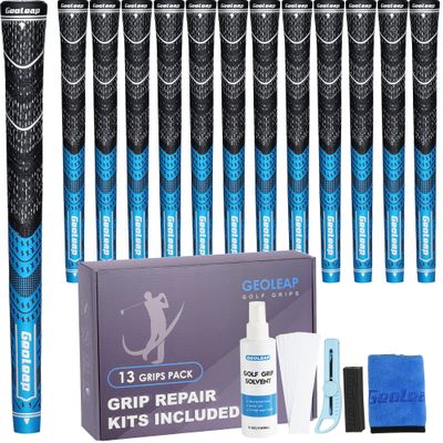 Geoleap Golf Grips Set of 13- Grips with Tapes and Grips with All Repair Kits for Choice,Hybrid Golf Club Grips All Weather Contral, High Feedback & Traction Golf Grips for Men and Women. (Blue(Grips with All Repair Kits), Standard)
