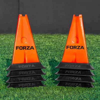 FORZA Pro 12in Tri Marker Cones - Set of 4 or 8 with Optional Rubber Bases (with Bases, Fluro Orange, Pack of 8)