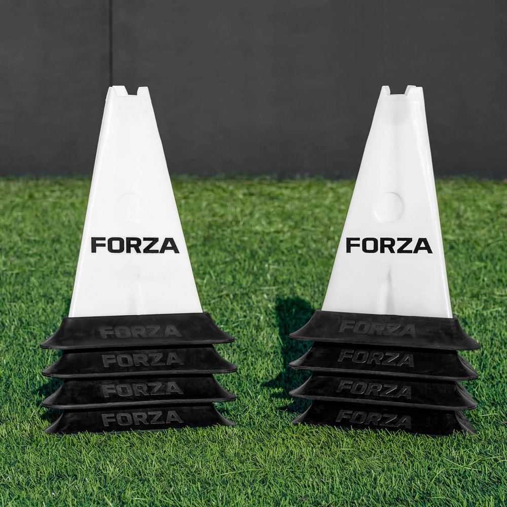 FORZA Pro 12in Tri Marker Cones - Set of 4 or 8 with Optional Rubber Bases (with Bases, White, Pack of 8)