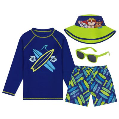 ABG Accessories Boys Paw Patrol Long Sleeves Rash Guard Swim Shorts, Glasses & Bucket Hat Kids Set Age 3T