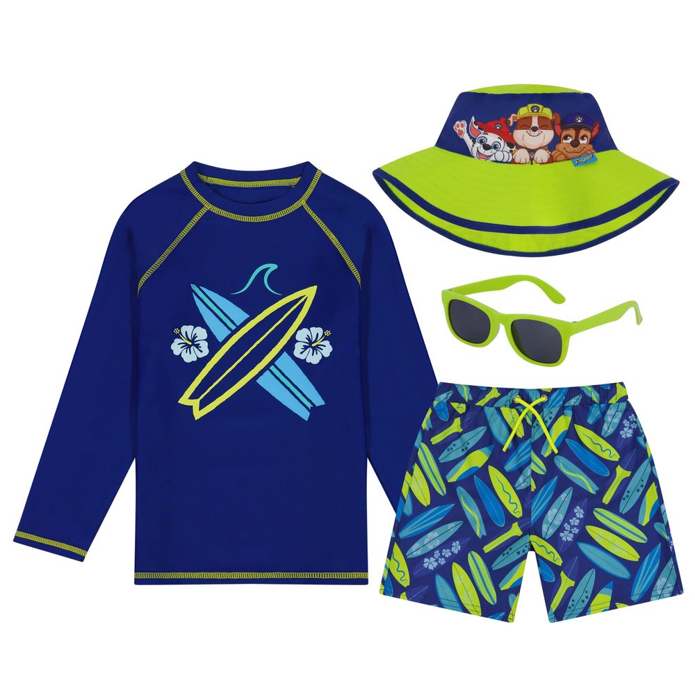 ABG Accessories Boys Paw Patrol Long Sleeves Rash Guard Swim Shorts, Glasses & Bucket Hat Kids Set Age 3T