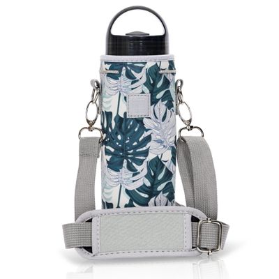 Made Easy Kit Neoprene Water Bottle Carrier Holder with Adjustable Shoulder Strap for Insulating & Carrying Water Container Canteen Flask Available in 5 Sizes (Green Gray House Floral, M (16oz-22oz))
