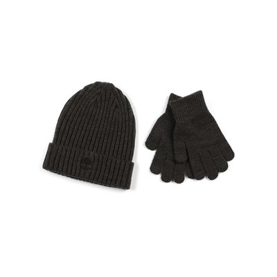 Timberland Boy's Cuff Hat with Contrast Tree and Magic Glove Set, Charcoal Heather Grey, One Size