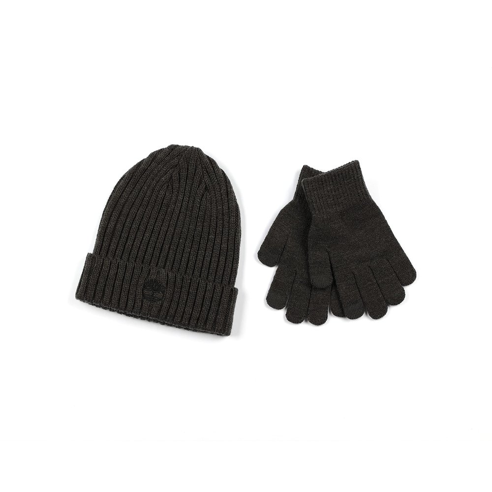 Timberland Boy's Cuff Hat with Contrast Tree and Magic Glove Set, Charcoal Heather Grey, One Size