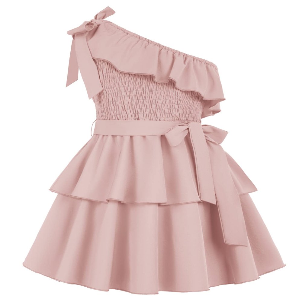 Danna Belle Easter Dress for Girl Summe Ruffle Dress One Shoulder Dress for Girl Size 6-7 Light Pink