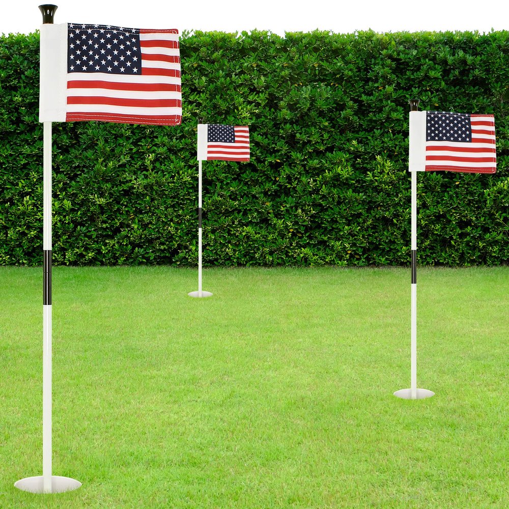 Golf Practice Pin Flags with USA Numbers, 8x6 Inch, Set of 3, Includes 3-ft Fiberglass Flagstick, Ball Retriever, 4-Inch Hole Cup (USA 3-Pack)