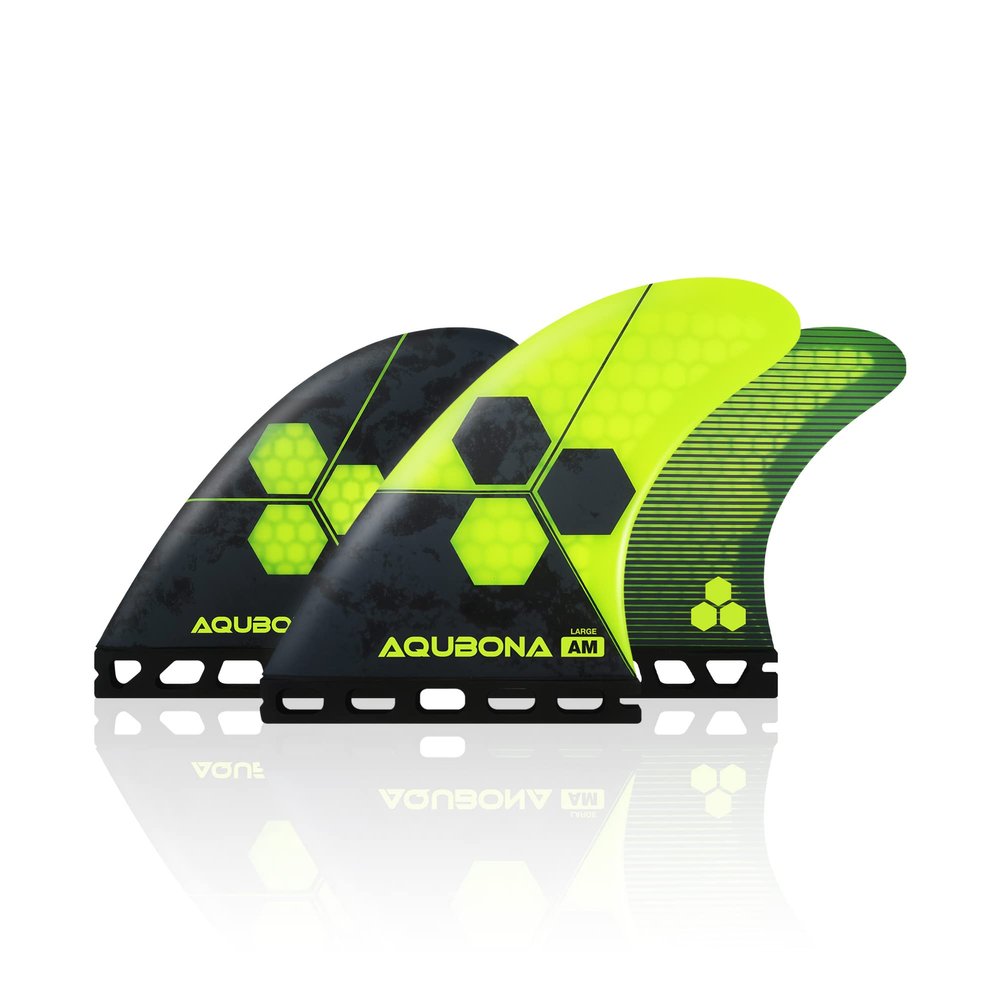 AQUBONA Honeycomb Fiberglass Performance Surfboard Fins Thruster (3 Fins) Single Tab with Fin Bag, Key and Screws. (Yellow, L)